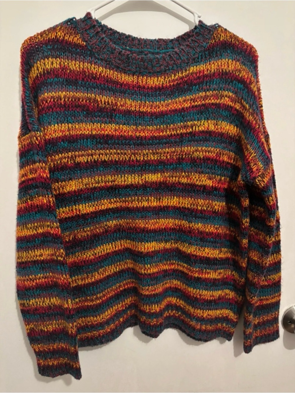 QED London Multicolor Striped Crewneck Sweater - Mustard Teal Burgundy